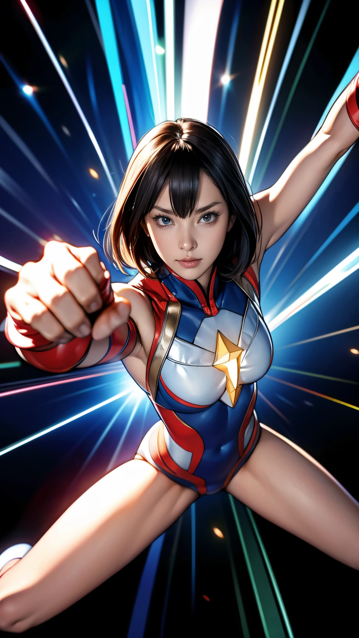 (masterpiece:1.2, Highest quality, Highest quality),(Ultra-detailed),(Photorealistic Stick),(RAW Photos:1.2),8k,wallpaper,1 female,Mature female heroine,Ultramanの変身する女性,(((Dynamic fighting poses))),(Short Bob),((Dynamic Movement)),break(光沢のある薄い生地のUltramanスーツ),(Glowing Skin,Big eyes,Droopy eyes,Long eyelashes,Beautiful thighs,Beautiful Hair,Beautiful Face,Beautiful Eyes,Beautiful body,Beautiful breasts,Beautiful legs,Beautiful fingers,Sensual),break((Ultraman)),((Ultraman_rise)),((Background prism flash)),(((Dazzling Light))),(Clenched hands,Raise your arms,From below,Are standing,Light)