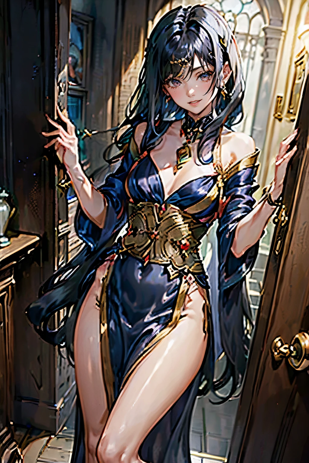 ((highest quality、masterpiece、8k、Realistic、超High resolution:1.3、Very delicate and beautiful、High resolution))、Cinema Lighting、medium range shooting、Portraiture、Perfect female body、Opposition、Looking at the audience、((A bewitching wife from another world、(Short, silky black hair:1.8)、deep red lips、A captivating smile、Abundant chest、Elegant Dress、Noble ornaments、sparkling gemstone necklace、Soft hands、Fluid movement、A look of temptation))、Perfume fragrance、Scarlet Gown、Twilight room、Golden embroidery、Silk sheets、Luxury bed、Delicate lace、Graceful behavior、Mysterious Aura、Noble atmosphere、Nightlife、Ancient magic ring、Gorgeous Earrings、Luxury Mansion、Dimly lit hallway、Hidden Passion、Otherworldly background、Quiet Whisper、Deep Love、Bewitching Charm、A captivating smile。
