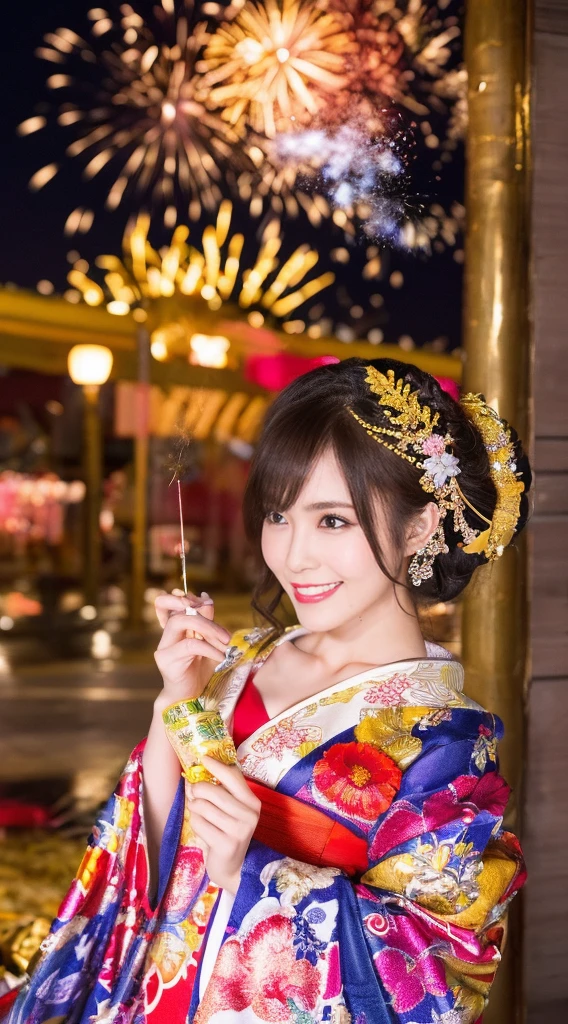 ((masterpiece(:1.4),Highest quality,Ultra-high resolution,Highest quality,8k,Extremely detailed,In detail))。night,Fireworks display,Japanese,A beautiful woman,Big Breasts,Flashy gal makeup,Oiran,Long-sleeved kimono,Hair tying,hair ornaments,smoke tube,geta,Gorgeous and luxurious,(Fireworks displayのnightに河川敷で花火を背景にしたスナップ写真),Hyper Quality
