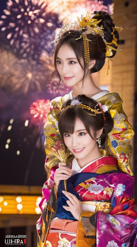((masterpiece(:1.4),Highest quality,Ultra-high resolution,Highest quality,8k,Extremely detailed,In detail))。night,Fireworks display,Japanese,A beautiful woman,Big Breasts,Flashy gal makeup,Oiran,Long-sleeved kimono,Hair tying,hair ornaments,smoke tube,geta,Gorgeous and luxurious,(Fireworks displayのnightに河川敷で花火を背景にしたスナップ写真),Hyper Quality