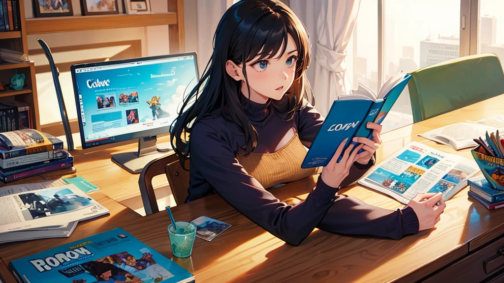 With elbows on the desk　A woman is reading a comic book　Comics　one&#39;s home　Sunlight through the window　profile　Bookshelf in the background　high quality　masterpiece　Upper Body