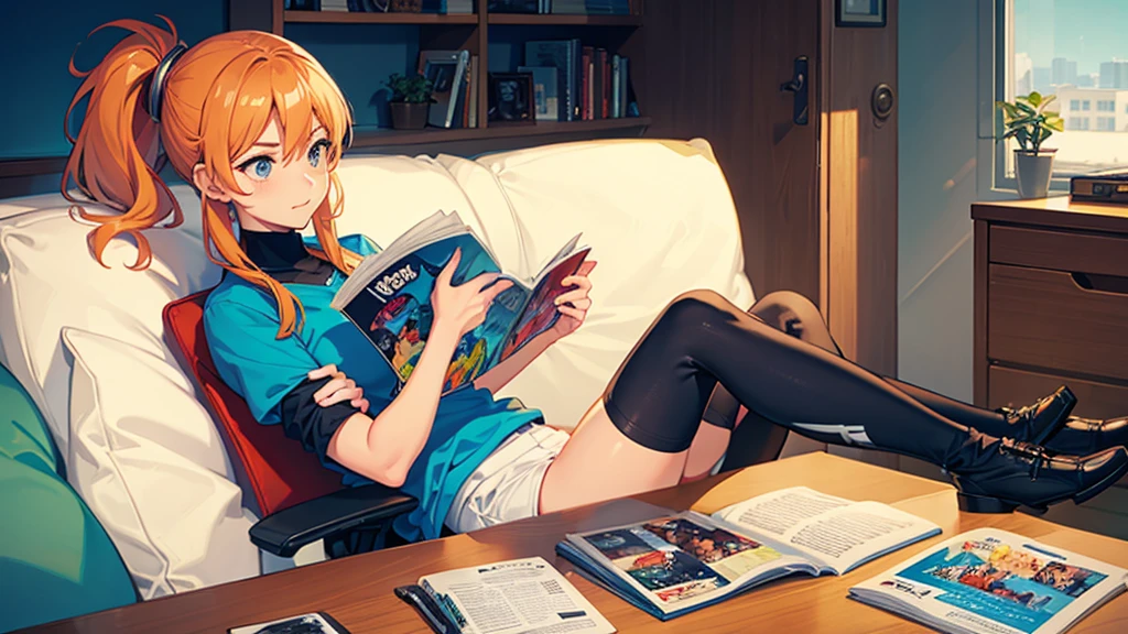 With elbows on the desk A woman is reading a comic book Comics one's home Sunlight through the window profile Bookshelf in the background high quality masterpiece Upper Body