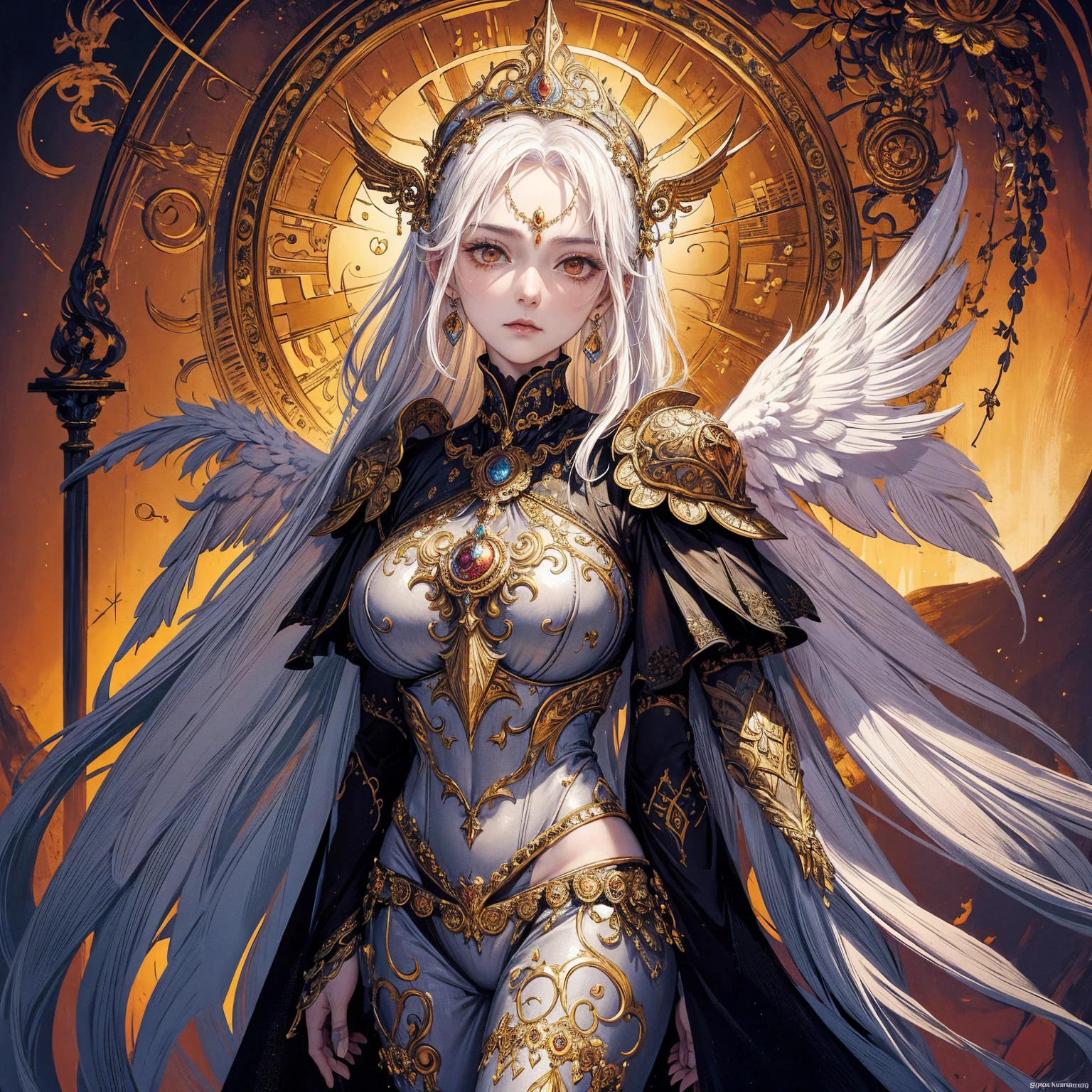 Art of elderly woman wearing sun crown, wearing ornate breastplate that shows a little skin above the chest, a pair of symmetrical angelic wings spread out behind the woman, ancient goddess art, Sacredness. Very detailed, Mysterious inspiration, Inspiration from the Sun God, Religious inspiration, Cold and snobbish face, No smile, Dangerous impersonal expressions, White hair, Standing, Full body portrait, Gothic art style, Weird art style, Occult art