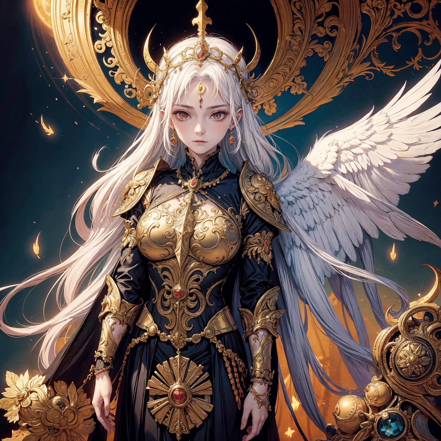 Art of elderly woman wearing sun crown, wearing ornate breastplate that shows a little skin above the chest, a pair of symmetrical angelic wings spread out behind the woman, ancient goddess art, Sacredness. Very detailed, Mysterious inspiration, Inspiration from the Sun God, Religious inspiration, Cold and snobbish face, No smile, Dangerous impersonal expressions, White hair, Standing, Full body portrait, Gothic art style, Weird art style, Occult art
