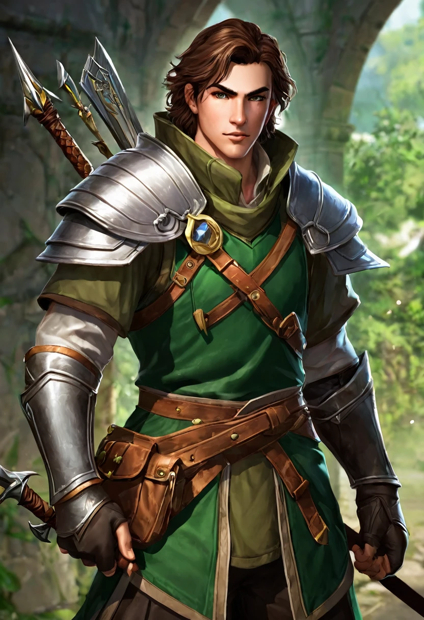 create a character for my video game unity graphics Kael Role: Protagonist Description: Kael is a young adventurer in his 20s., with brown hair and green eyes. His humble origins and his strong sense of justice drive him to fight against the injustices that come his way..
Personality: brave, curious, and with a noble heart. often impulsive, but always willing to learn and grow.
Skills: Master of swordsmanship, competent archer and user of elemental magic thanks to the ancient amulet he finds at the beginning of his adventure.
motivation: Protect the innocent and discover the truth behind the amulet and its connection to the ancient civilization that once ruled Elaria.