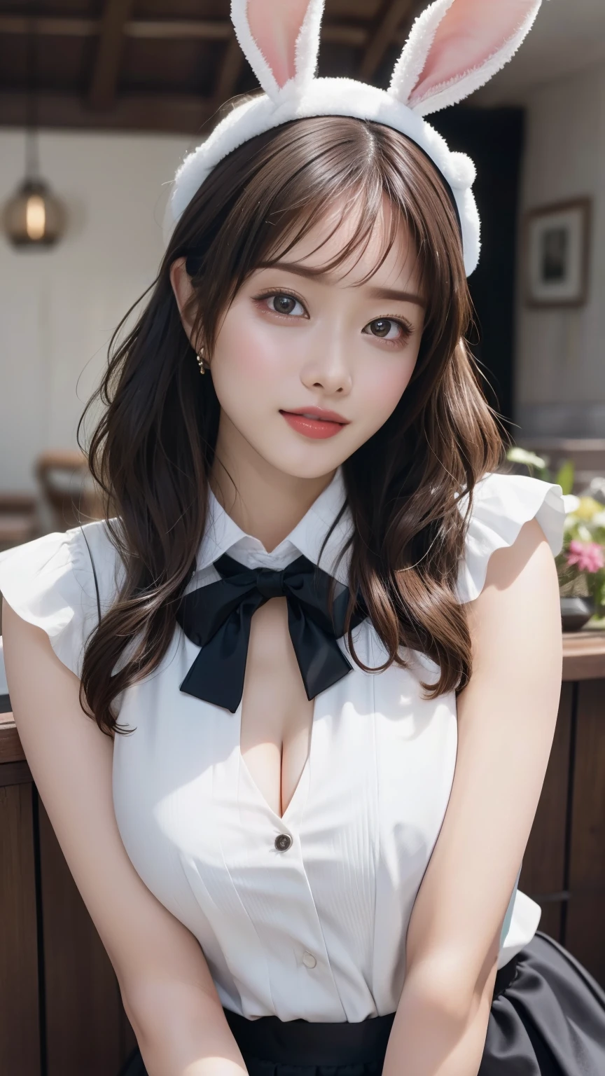 Highest quality、((Large Breasts))、Great light、Beautiful lighting、Natural Lip、Brown Hair、Blunt bangs、((I can see her cleavage))、((Sexy Bunny Suit))、((Bunny ears headband、A bow tie))、Gorgeous Accessories、Knee-high socks、Cute Smile、Dark Background