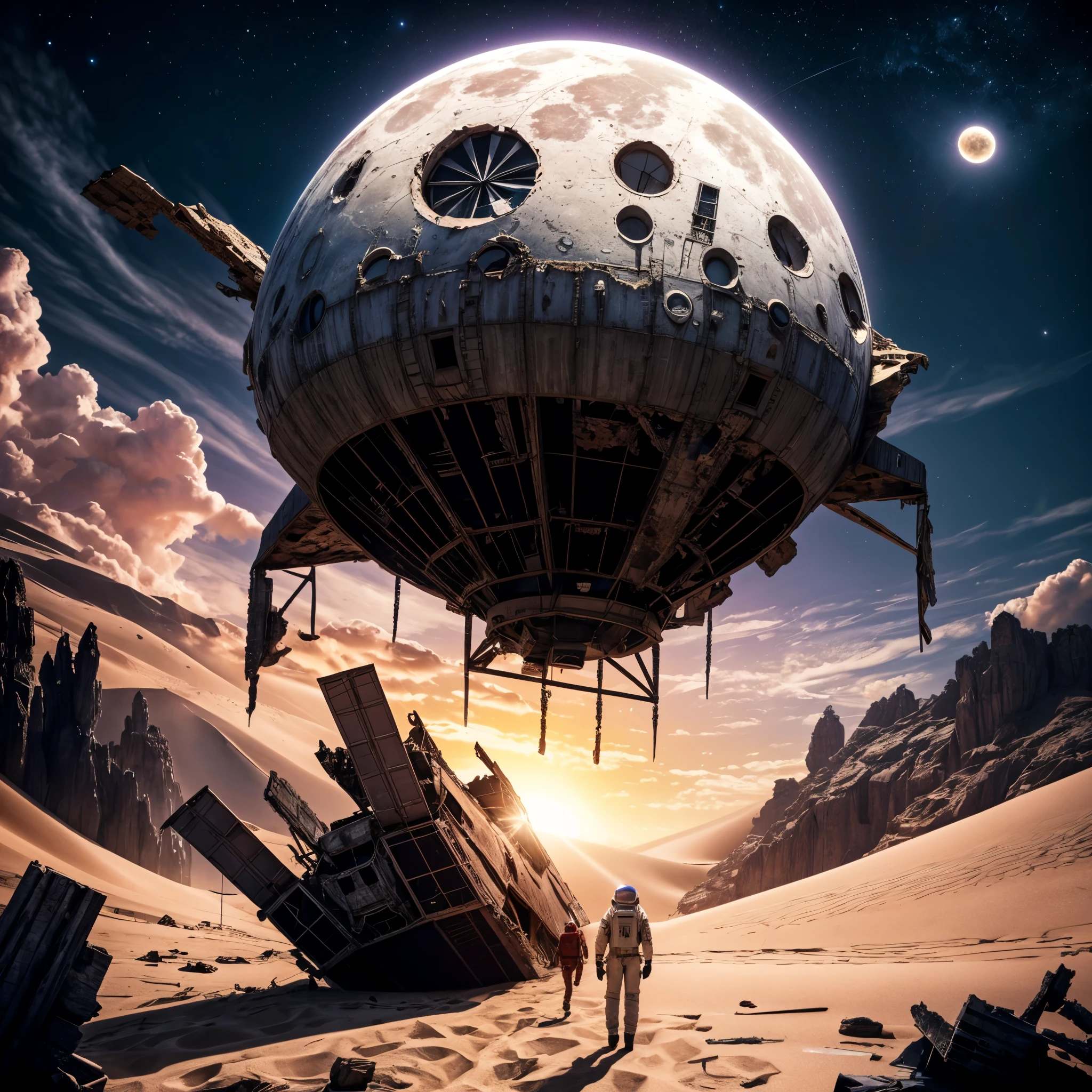 space craft wreck, on crimson sands, alien desert, debris, moons hanging low, violet sky, super moon, alien planet, (masterpiece, best quality:1.2), red thunder, dark fantasy, atmospheric perspective, melancholic colors, volumetric lighting, dramatic lighting, surrealism, super details,
