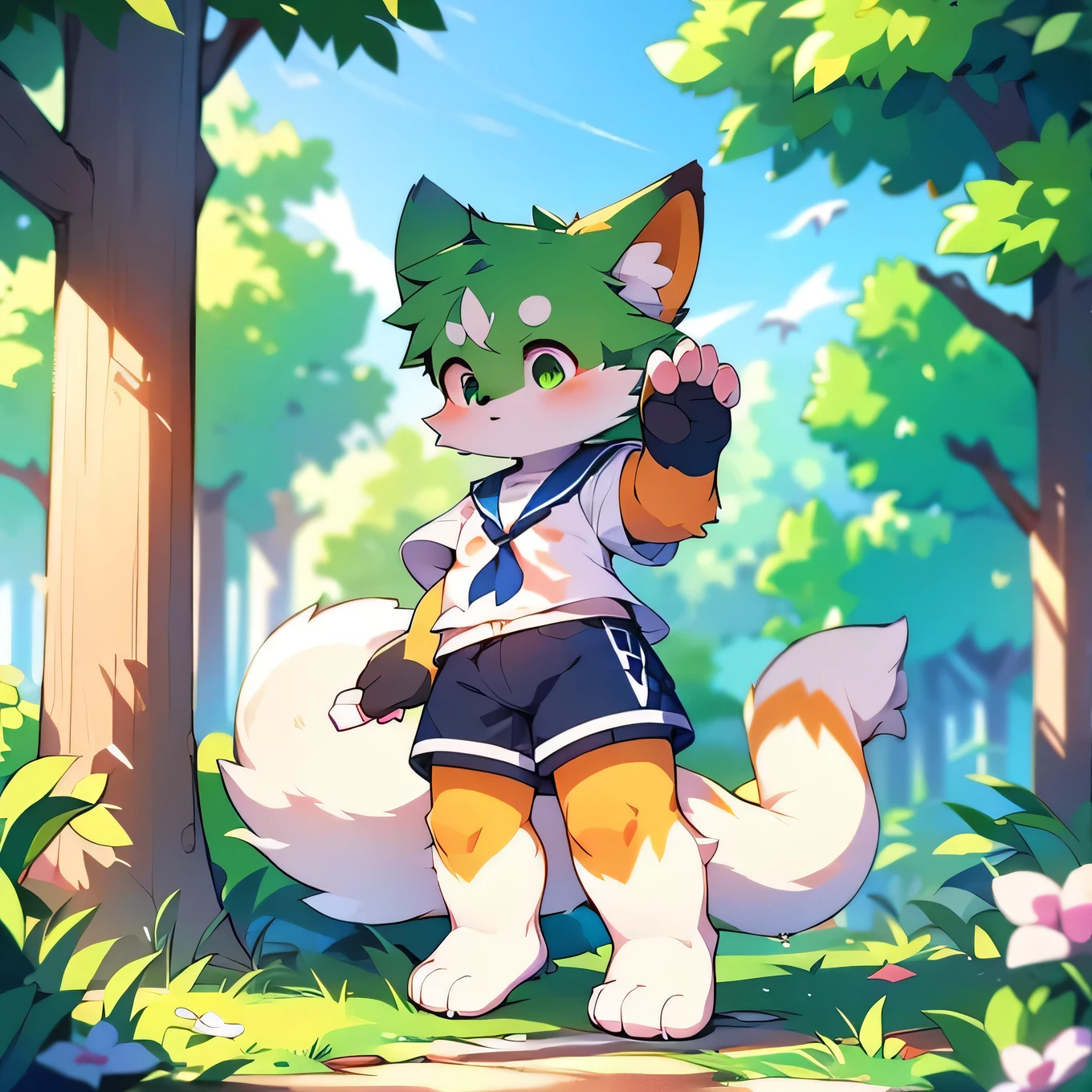 Furry,Fox,boy,8k resolution,最High resolution,                   High resolution,Sailor uniform,,Green Eyes,summer,Stand up on your own two feet,Two legs,Five fingers of the hand,5 toes,expensive,：expensive stature,fit,Moderate,standard,Green fur,commission