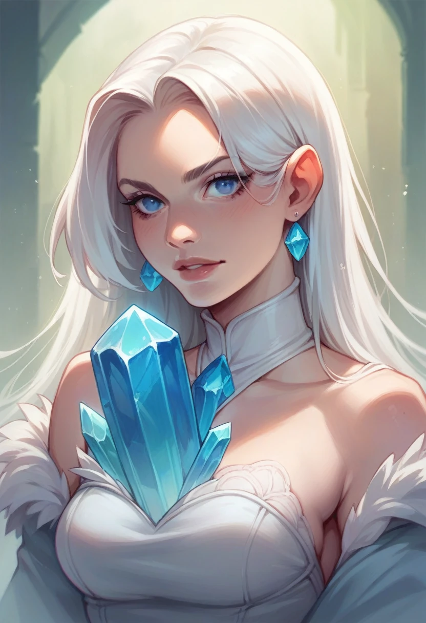 Realistic female character,with straight white hair, blue eyes on the blouse with CRYSTAL written on it