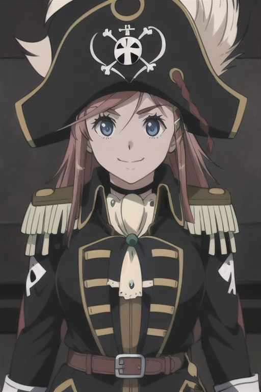 masterpiece, best quality, 1girl, detailed face and eyes, big breasts, Katou Marika, (black pirate costume), belt, (black cargo pants), (black pirate hat), smile, closed mouth