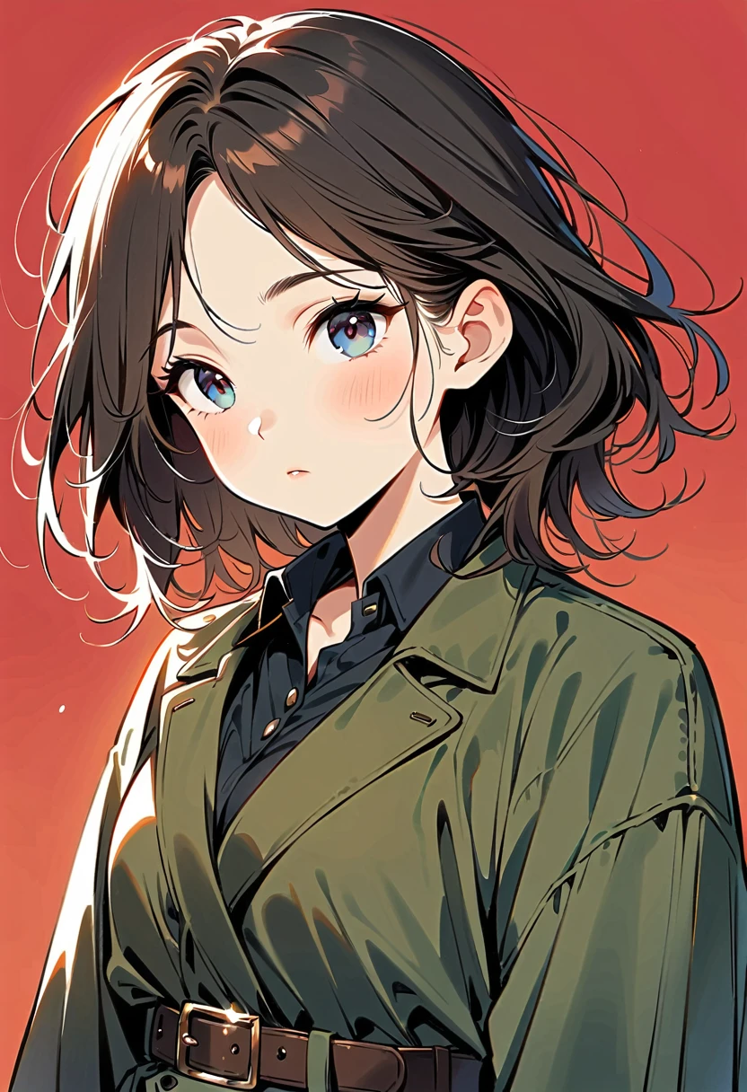 (masterpiece,high quality,8K).beautiful girl,Skin details,Bright Eyes,Thick eyelashes,Unique,Staring at the audience),(Black trench coat suit:1.37,belt)。Light and Shadow,Clean and simple red background