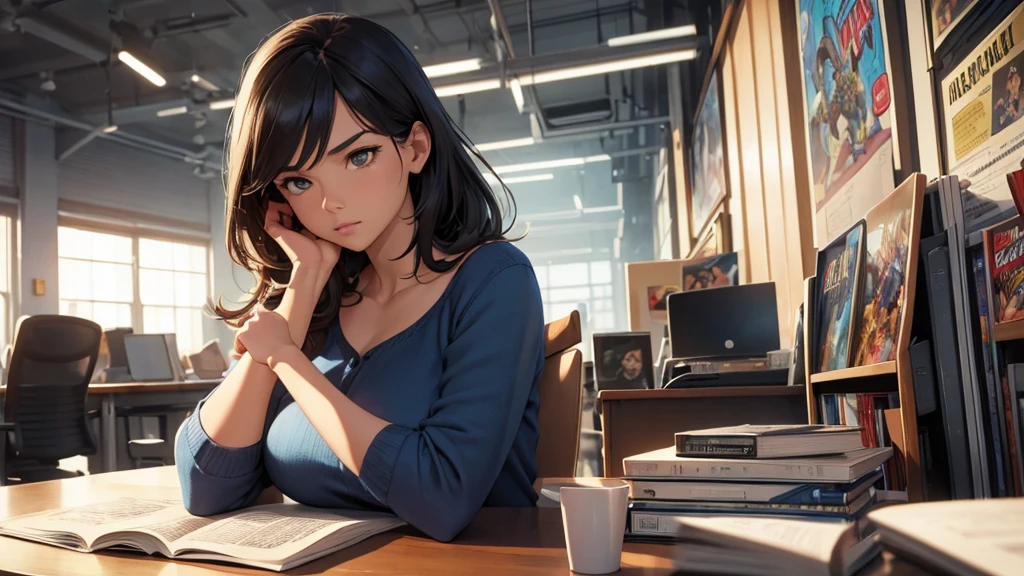 With elbows on the desk A woman is reading a comic book Comics one's home Sunlight through the window profile Bookshelf in the background high quality masterpiece Upper Body