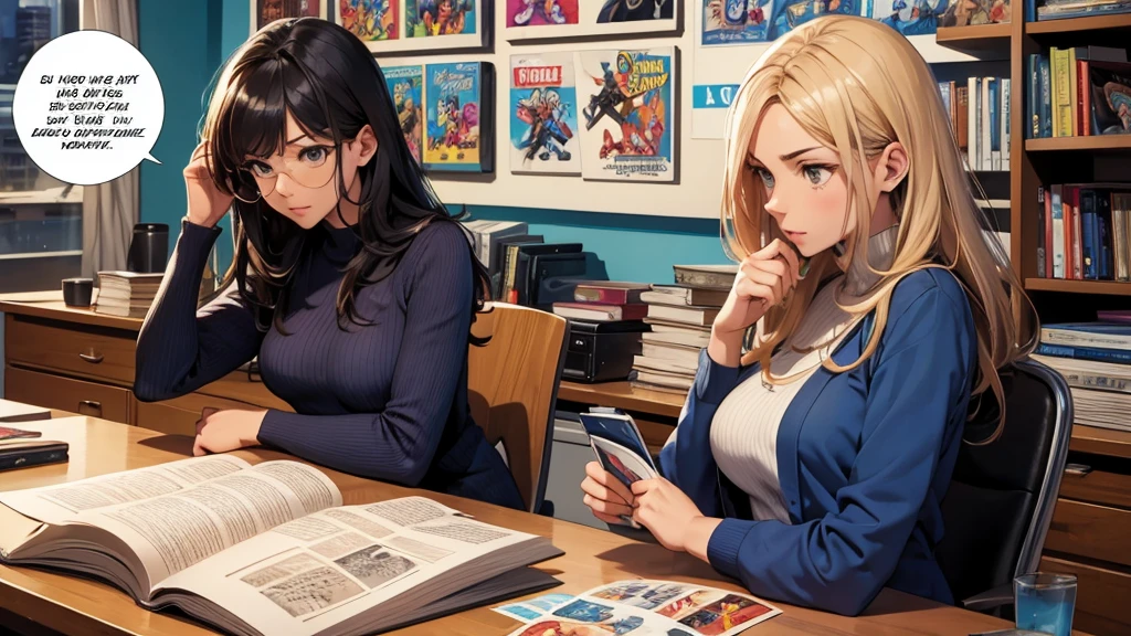With elbows on the desk A woman is reading a comic book Comics one's home Sunlight through the window profile Bookshelf in the background high quality masterpiece Upper Body