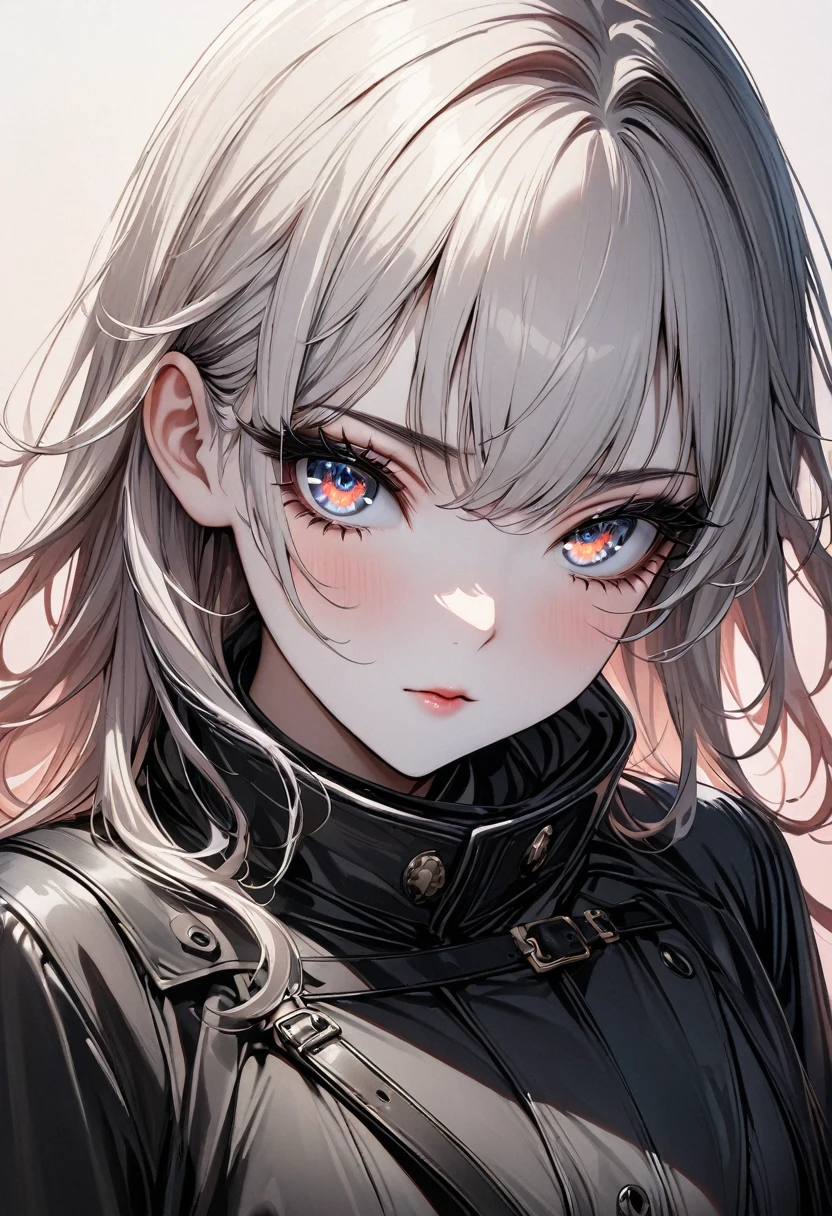 (masterpiece，high quality，8K).beautiful girl，Skin details，Bright Eyes，Thick eyelashes，Unique，Staring at the audience），（Black trench coat suit：1.37，belt）。Light and Shadow，Clean and simple red background