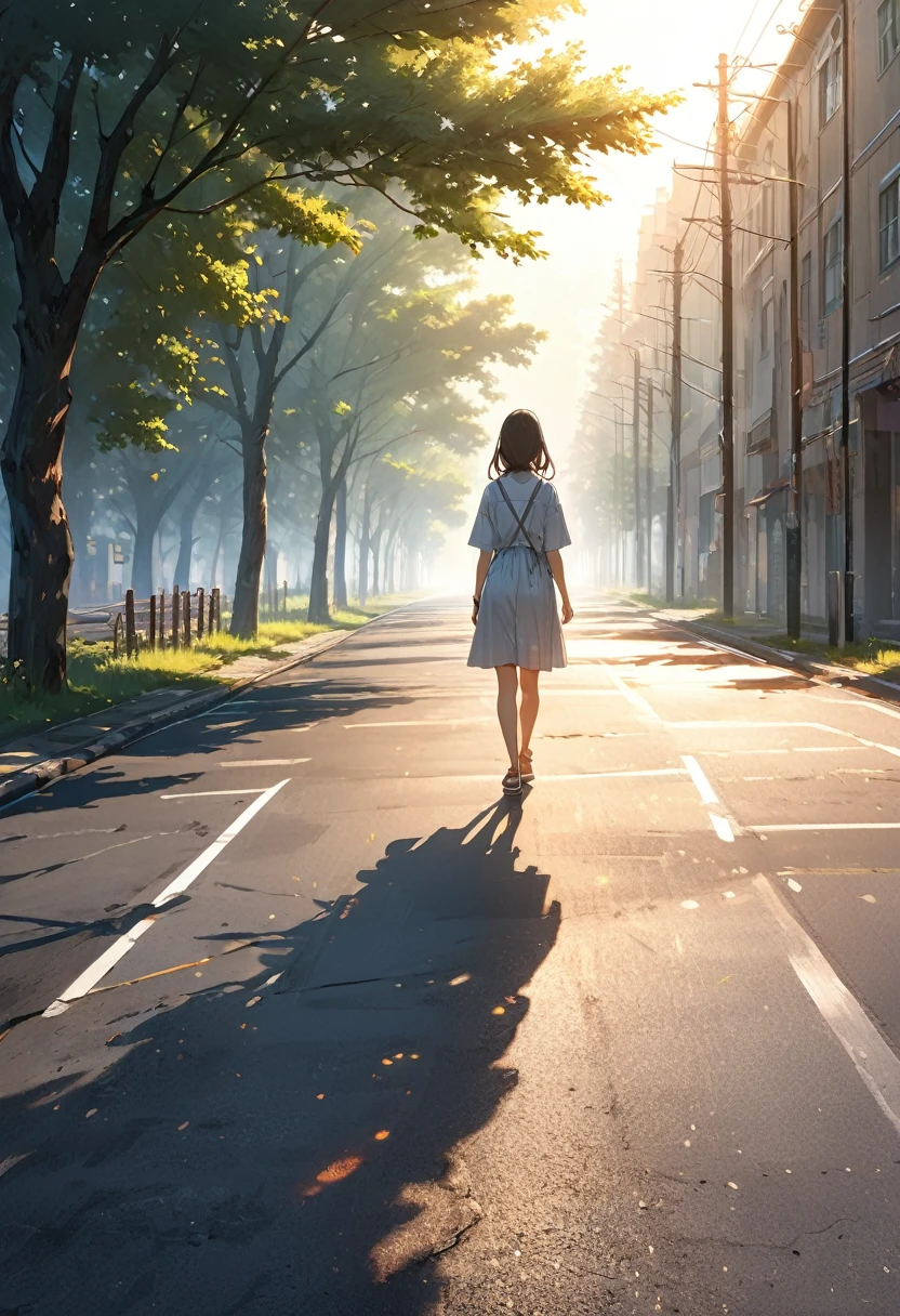 (masterpiece, best quality, super detailed), (heat haze:1.4), The heat causes the air to fluctuate, making the landscape or the figure of a person appear distorted Swayingly. Diffuse reflection of sunlight, asphalt road in summer
