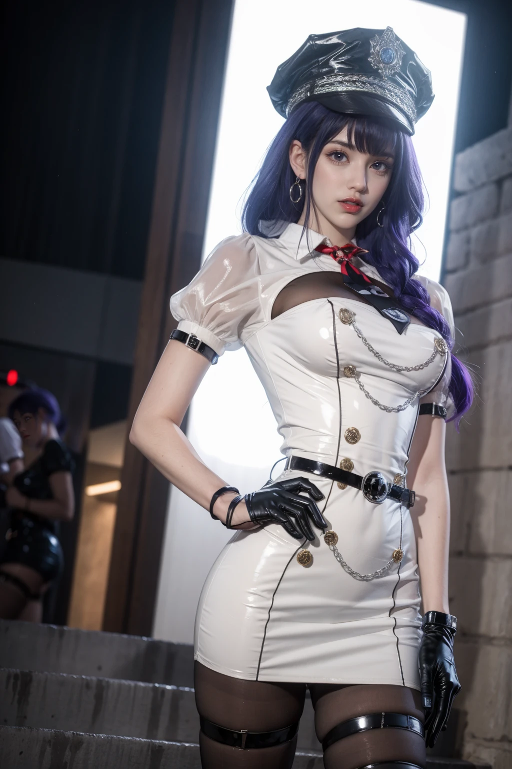 best quality,masterpiece,outdoor,night,1 Girl,Solitary,blush,Eyeliner,Eyeshadow,eyelash,Bangs,Short bangs,,Breast sagging,Lemon 0001,skirt,white skirt,,Red belt,Jewelry,Black pantyhose,belt,Purple Hair,have,black have,Peaked hat,Half-fingered gloves,Black Gloves,Short sleeve,puffy Short sleeve,Thigh straps,For the audience,permanent,whole body,