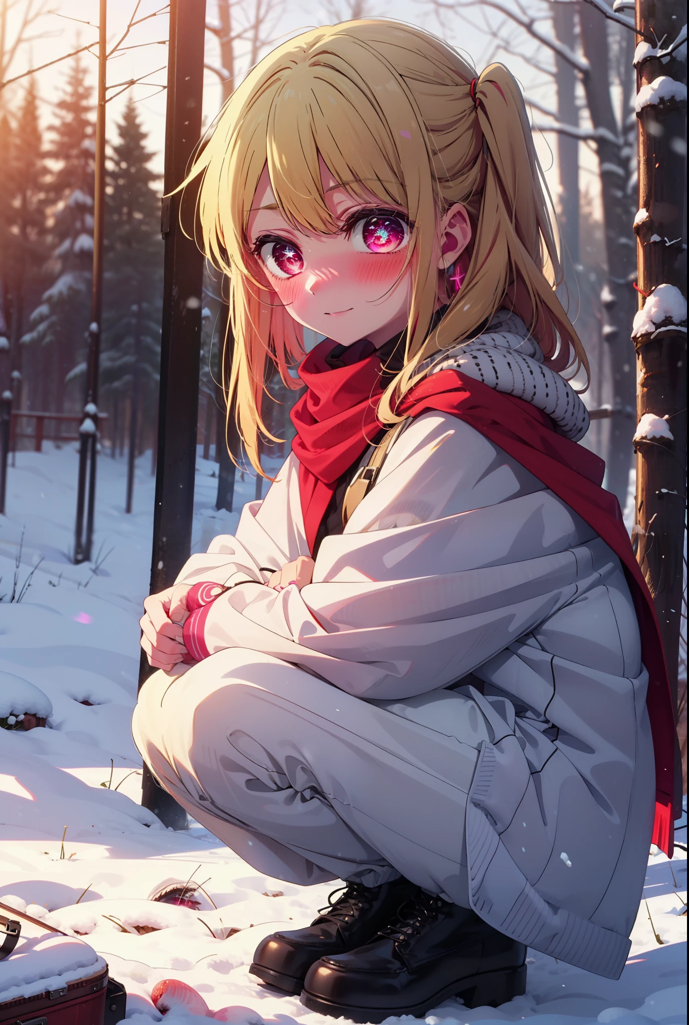 rubyhoshino, Hoshino Ruby, Long Hair, bangs, blonde, (Pink Eyes:1.3), Side Lock, (Symbol-shaped pupil:1.5), Multicolored Hair, Two-tone hair, smile,,smile,blush,white breath,
Open your mouth,snow,Ground bonfire, Outdoor, boots, snowing, From the side, wood, suitcase, Cape, Blurred, , forest, White handbag, nature, Squat, Mouth closed, Cape, winter, Written boundary depth, Black shoes, red Cape break looking at viewer, Upper Body, whole body, break Outdoor, forest, nature, break (masterpiece:1.2), Highest quality, High resolution, unity 8k wallpaper, (shape:0.8), (Beautiful and beautiful eyes:1.6), Highly detailed face, Perfect lighting, Highly detailed CG, (Perfect hands, Perfect Anatomy),