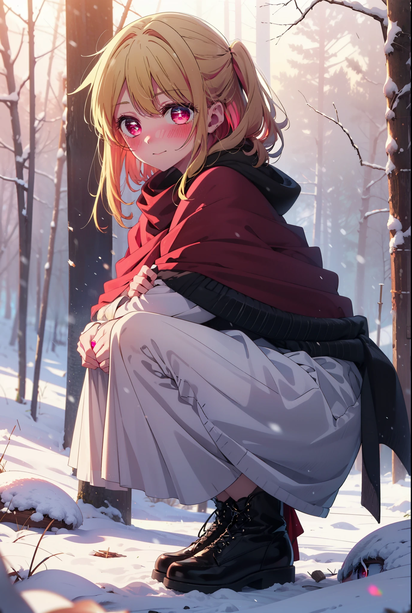 rubyhoshino, Hoshino Ruby, Long Hair, bangs, blonde, (Pink Eyes:1.3), Side Lock, (Symbol-shaped pupil:1.5), Multicolored Hair, Two-tone hair, smile,,smile,blush,white breath,
Open your mouth,snow,Ground bonfire, Outdoor, boots, snowing, From the side, wood, suitcase, Cape, Blurred, , forest, White handbag, nature, Squat, Mouth closed, Cape, winter, Written boundary depth, Black shoes, red Cape break looking at viewer, Upper Body, whole body, break Outdoor, forest, nature, break (masterpiece:1.2), Highest quality, High resolution, unity 8k wallpaper, (shape:0.8), (Beautiful and beautiful eyes:1.6), Highly detailed face, Perfect lighting, Highly detailed CG, (Perfect hands, Perfect Anatomy),