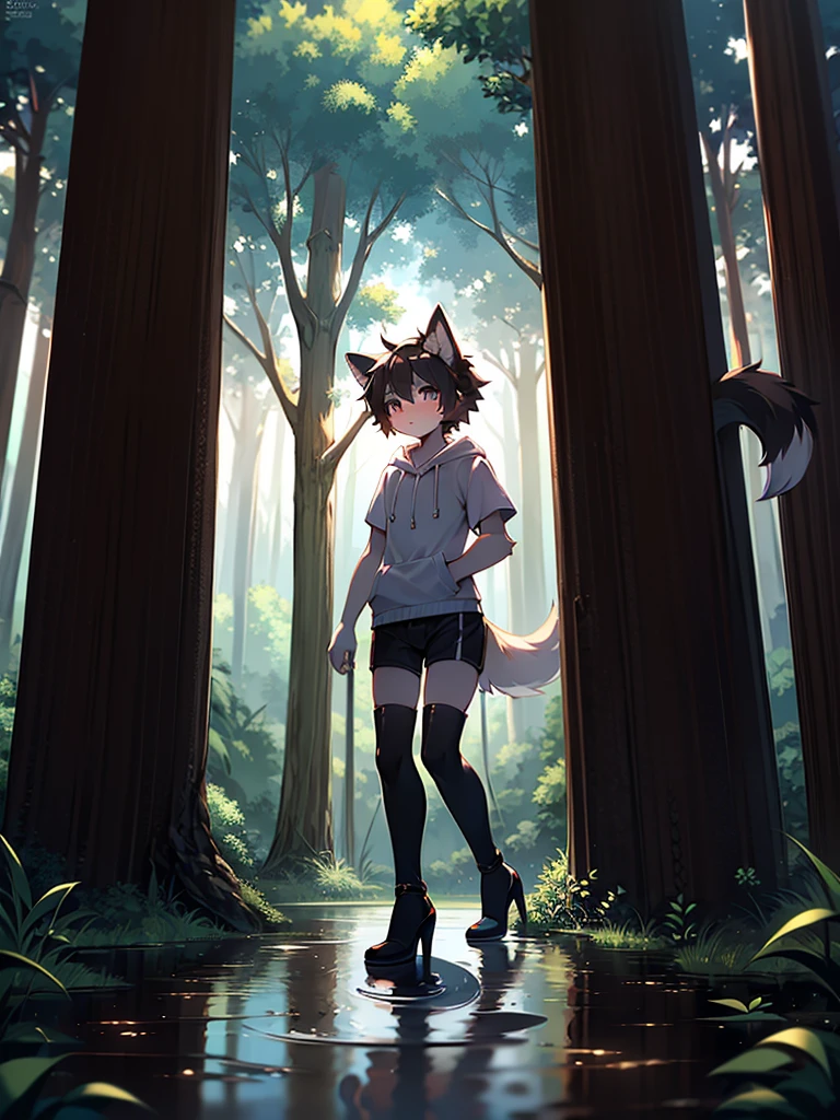 alone, 1 person, In the midday forest, Puddle,Black Hair,Shorts,the tail is fluffy, Short sleeve hoodie，Shota, Black knee-high boots,Stiletto heels,