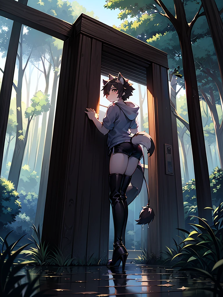 alone, 1 person, In the midday forest, Puddle,Black Hair,Shorts,the tail is fluffy, Short sleeve hoodie，Shota, Black knee-high boots,Stiletto heels,