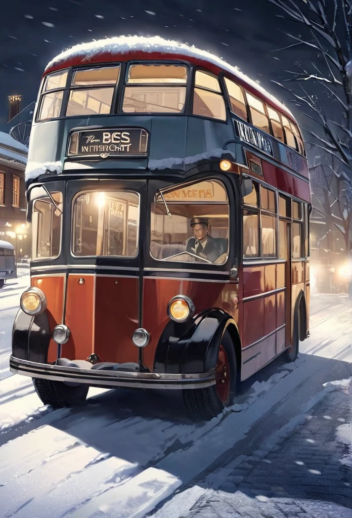 Create a flashback scene to 1955, depicting a cold winter night in Montgomery, Alabama, with a quiet street, a vintage bus, and snowfall. The atmosphere is somber and thoughtful, with smaller flurries falling gently, reflecting the historical significance of the scene. The vintage bus has unique, historical features such as the route displayed on the front, era-appropriate advertisements, and seating arrangements. Apply a realistic, detailed style, accurately depicting the vintage bus, environment, and weather conditions. The scene takes place on a cold winter night, with snowfall, ice, and frost covering the surroundings, enhancing the atmosphere.
