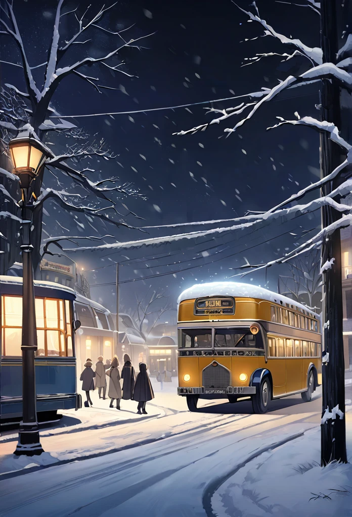 Create a flashback scene to 1955, depicting a cold winter night in Montgomery, Alabama, with a quiet street, a vintage bus, and snowfall. The atmosphere is somber and thoughtful, with smaller flurries falling gently, reflecting the historical significance of the scene. The vintage bus has unique, historical features such as the route displayed on the front, era-appropriate advertisements, and seating arrangements. Apply a realistic, detailed style, accurately depicting the vintage bus, environment, and weather conditions. The scene takes place on a cold winter night, with snowfall, ice, and frost covering the surroundings, enhancing the atmosphere.