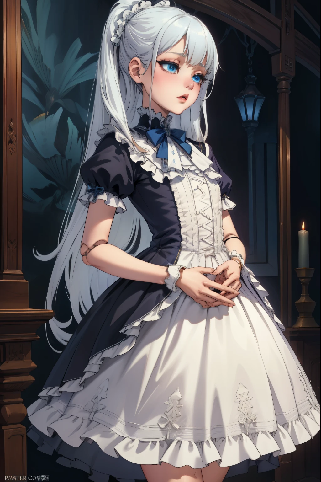 Doll Joints, (extremely detailed CG unity 4k wallpaper),(masterpiece),(best quality),(ultra-detailed),(best illustration),(best shadow),(absurdres),(Detailed background), Doll, Hands clasped, Blue eyes, Long white hair (Hime), Slim, Workshop background, Gothic dress, small bust, short sleeves,