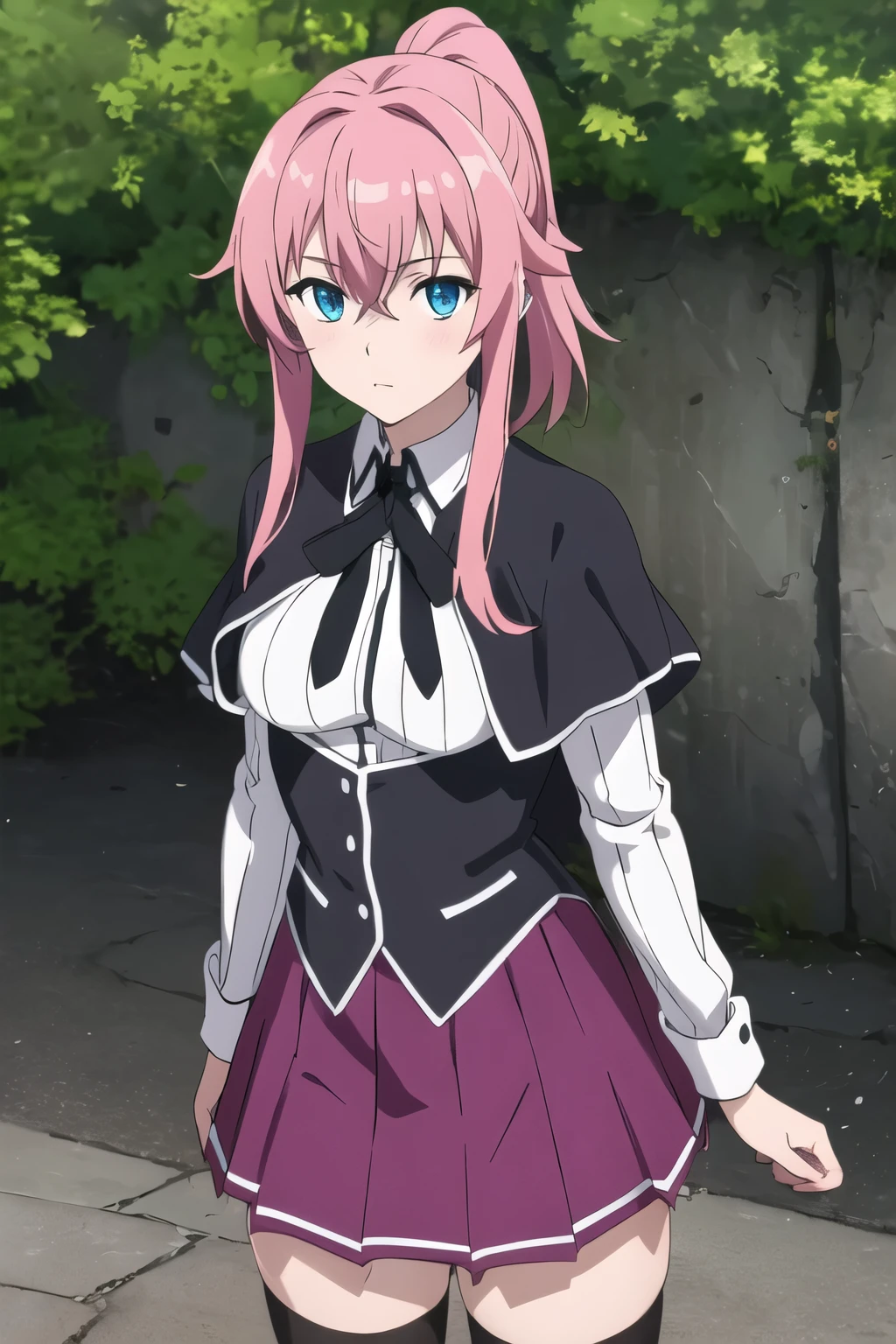 masterpiece, best quality, high quality, highres, outdoors, day, upper body, looking at viewer, solo, focused, BREAK, ANIME_DxD_Rias_Gremory_ownwaifu, 1girl, bangs, medium hair, light soft pink hair, breasts, small breasts, rias gremory, blue eyes, hair between eyes, ponytail, collarbone, hair intakes, black capelet, black corset, collared shirt, kuoh academy , layered skirt, underbust, , skirt, shirt, long sleeves, purple skirt, ribbon, miniskirt, neck ribbon, thighhighs, black ribbon,
