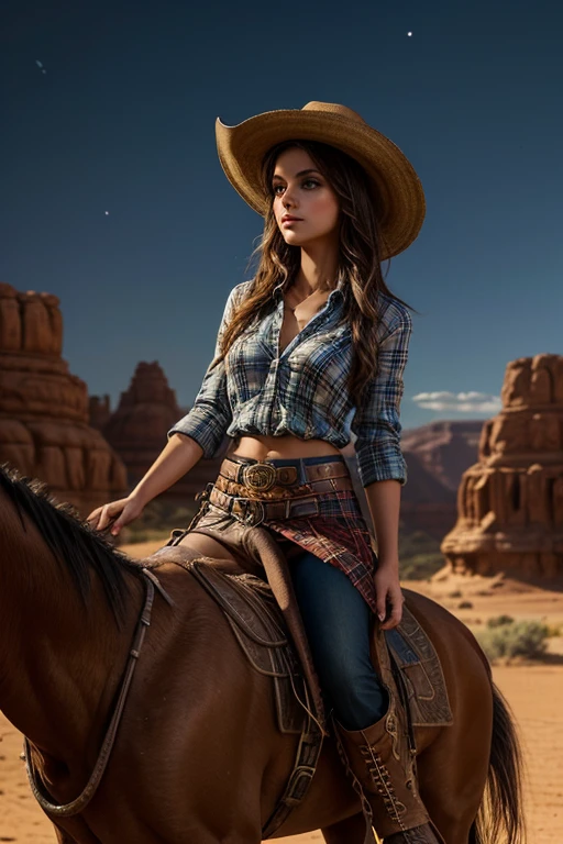 a cowgirl riding a big horse with long neck in a desert village, attire including a wide-brimmed hat, a plaid shirt, leather chaps, and boots with spurs, short skirt, detailed horse with saddle, detailed desert village buildings, detailed desert landscape, dramatic lighting, cinematic composition, vivid colors, photorealistic, intricate details, high quality, photorealistic, cinematic lighting, vibrant colors, fantasy art style, dramatic lighting, detailed facial features, long eyelashes, beautiful detailed eyes, beautiful detailed lips attire including a wide-brimmed hat, a plaid shi