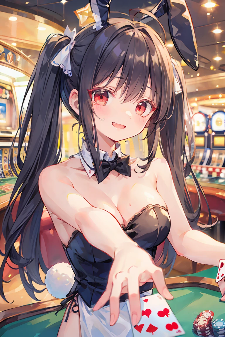 (8Kmasterpiece,highest quality:1.4),ultra high resolution,hyper detail
BREAK (1 girl),(),beautiful face,(red eyes),(sleepy eyes:1.35),(thick eyeliner:1.3),beautiful and delicate eyes,(thin and long eyelashes:1.3),artistic makeup,(perfect anatomy:1.5)
BREAK (black hair),(twin tail hair:1.2),(ahoge:1.2)
BREAK (closed eyes:1.2),(shy:1.2),(condescend laugh:1.3),(smug:1.3),(open mouth:1.2)
BREAK (slender body),(big breasts:1.3)
BREAK (luxury bunny girl costume,stripe of trumps:1.3),(white globe:1.2),(luxury accessory:1.2)
BREAK (She has a playing card and spreads it out to the audience:1.4)
BREAK (luxury casino:1.3)
BREAK depth of written boundary,(looking viewer:1.4),(vignette light:1.2),face shot,cowboy shot,(focused breasts),(extremely close up:1.2),pov