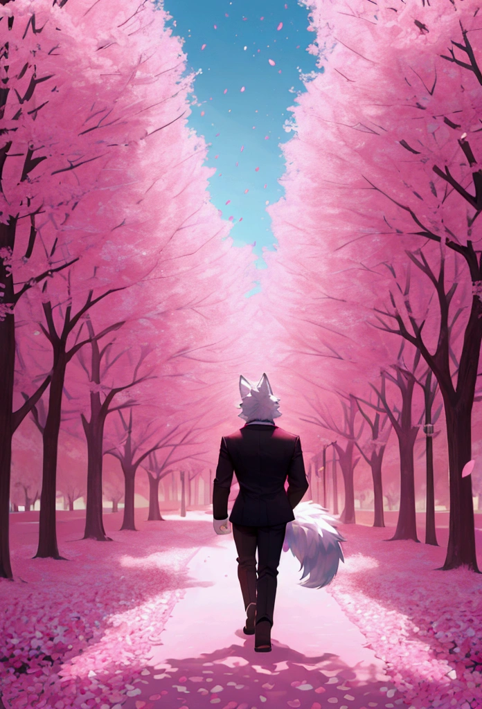 (highest quality, 32K resolution, high resolution, super detailed, realistic, finely drawn details), Unreal Engine 5, Tokyo lighting, romantic motifs, rose creation portal, majestic background, floral environment, beautiful landscape, flower bed on the ground, Aesthetic wallpaper, e-commerce live room background, ultra-realistic rendering, exquisite composition, stunning wallpapers, stunning images, aesthetic wallpaper, red background, red reflection, C4D rendering, top quality, photo raw "Pure white cherry blossoms, pure white background, pink cherry blossoms, bright cherry blossoms, ((1child)), ((wolf)), ((furry)), ((tail)), ((walking forward)), ((pink fur)), black suit, black pants, blue sky