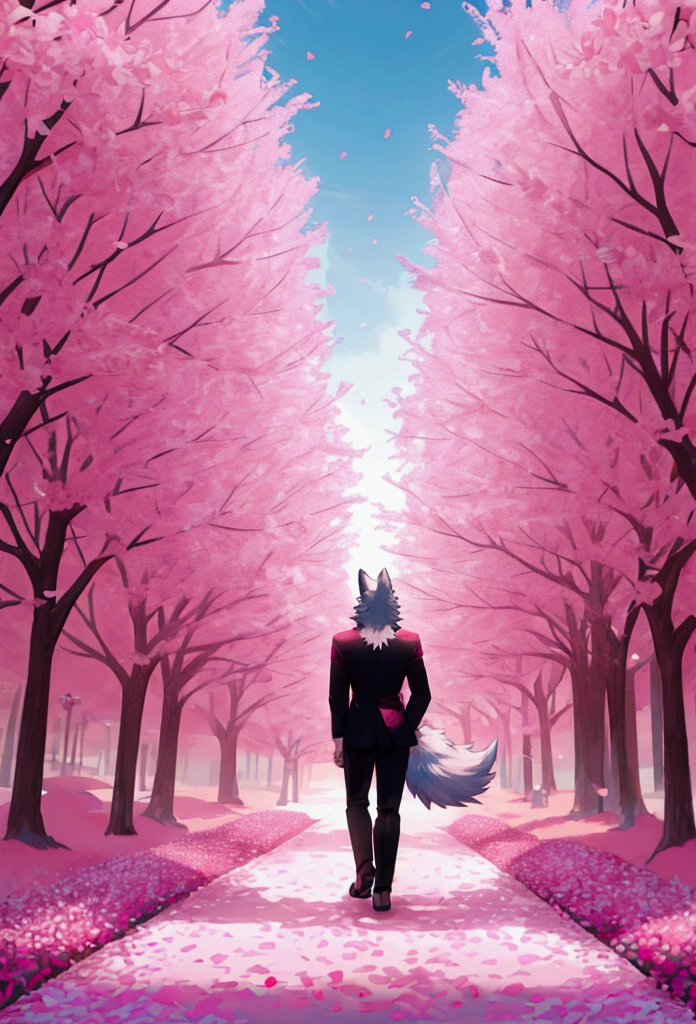 (highest quality, 32K resolution, high resolution, super detailed, realistic, finely drawn details), Unreal Engine 5, Tokyo lighting, romantic motifs, rose creation portal, majestic background, floral environment, beautiful landscape, flower bed on the ground, Aesthetic wallpaper, e-commerce live room background, ultra-realistic rendering, exquisite composition, stunning wallpapers, stunning images, aesthetic wallpaper, red background, red reflection, C4D rendering, top quality, photo raw "Pure white cherry blossoms, pure white background, pink cherry blossoms, bright cherry blossoms, ((1child)), ((wolf)), ((furry)), ((tail)), ((walking forward)), ((pink fur)), black suit, black pants, blue sky