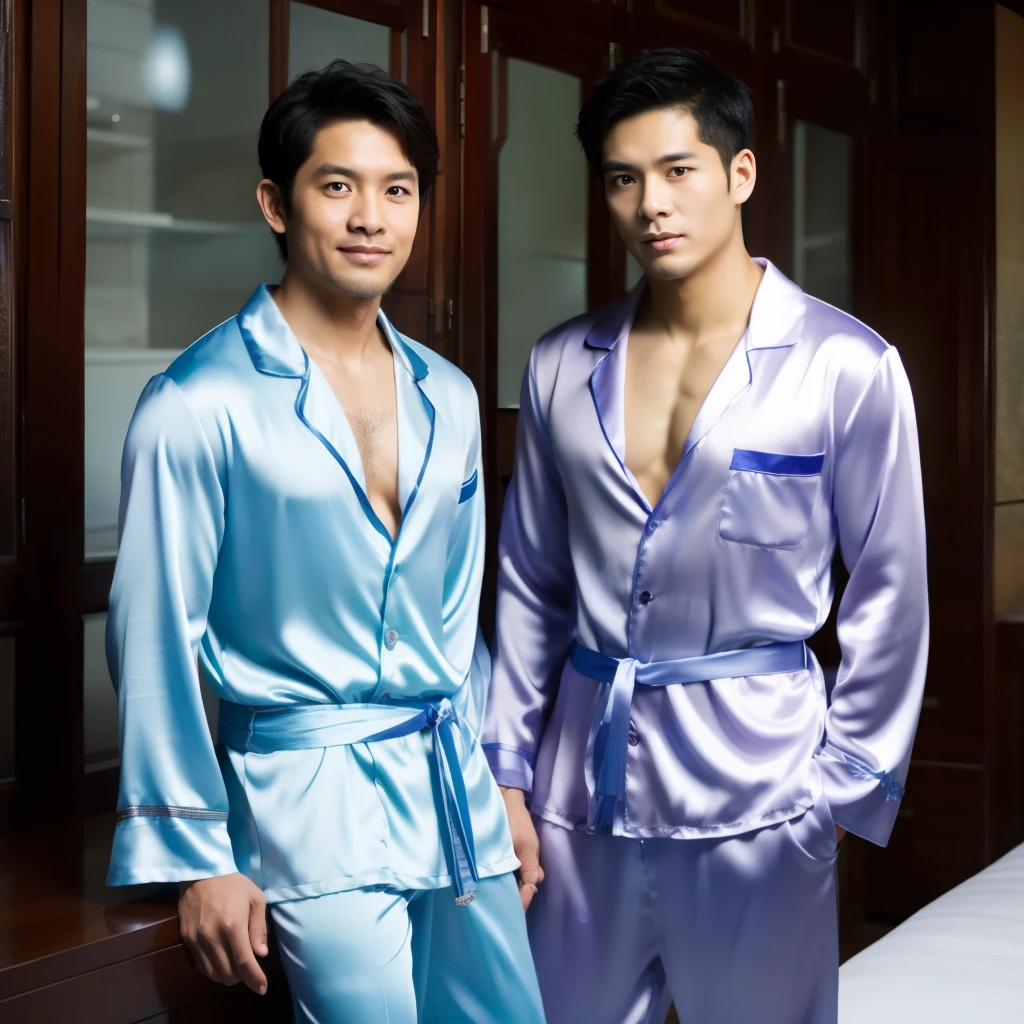 Two Thai men in their 30s in satin pajamas. Blue Pao Tung