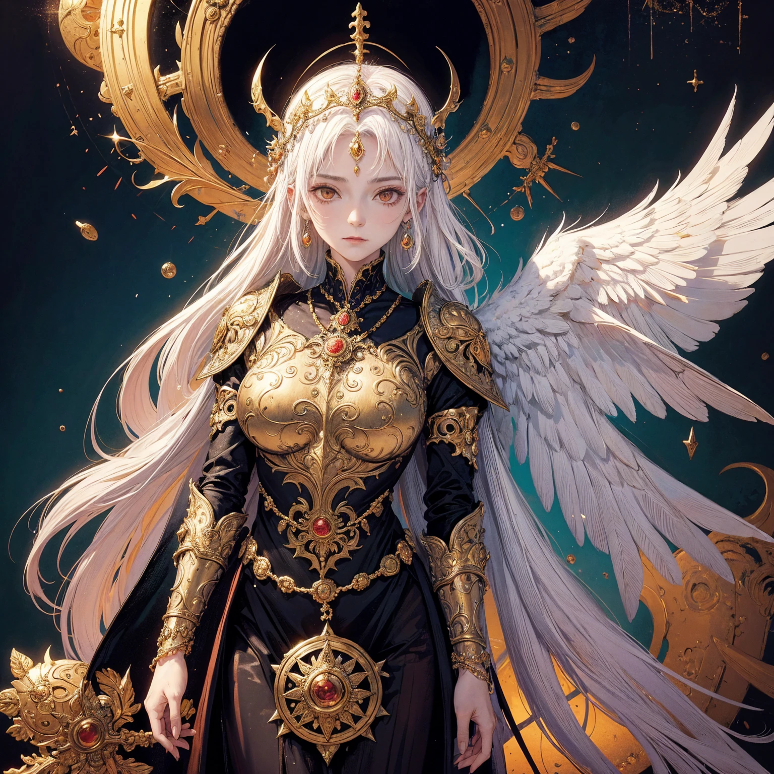 Art of elderly woman wearing sun crown, wearing ornate breastplate that shows a little skin above the chest, two symmetrical angelic wings spread out from the woman's back, ancient goddess art, Sacredness. Very detailed, Mysterious inspiration, Inspiration from the Sun God, Religious inspiration, Cold and snobbish face, No smile, Dangerous impersonal expressions, White hair, Standing, Full body portrait, Gothic art style, Weird art style, Occult art