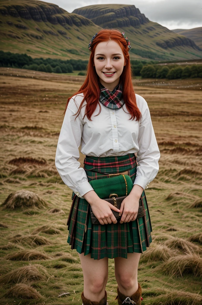 Front view, (looking at viewer:1.3), Full-body, on ground ,standing pose, Scottish girl, 18 years-old, (red hair , blew eye, middle hair, smile ), A beautiful Scottish woman wearing traditional Highland dress, long kilt skirt, including a tartan kilt and accessories like a sporran and sash, standing in a picturesque Scottish landscape. The scene should highlight the elegance and cultural richness of Scottish heritage,super detail, high details, high quality, accurate, anatomically correct, textured skin, beautiful fingers super detail, high details, high quality, best quality