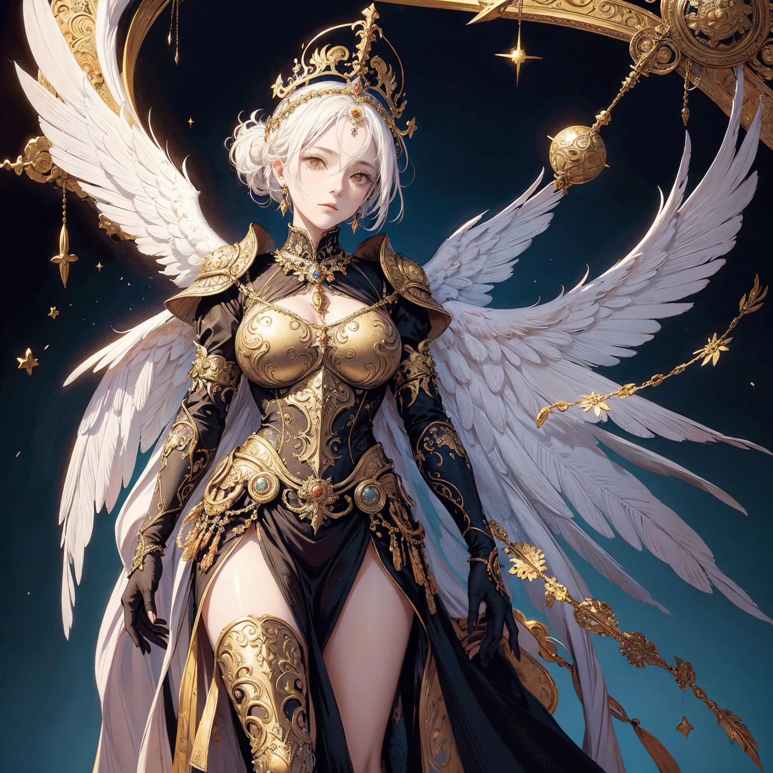 Art of elderly woman wearing sun crown, wearing ornate breastplate that shows a little skin above the chest, two symmetrical angelic wings spread out from the woman's back, ancient goddess art, Sacredness. Very detailed, Mysterious inspiration, Inspiration from the Sun God, Religious inspiration, Cold and snobbish face, No smile, Dangerous impersonal expressions, White hair, Standing, Full body portrait, Gothic art style, Weird art style, Occult art
