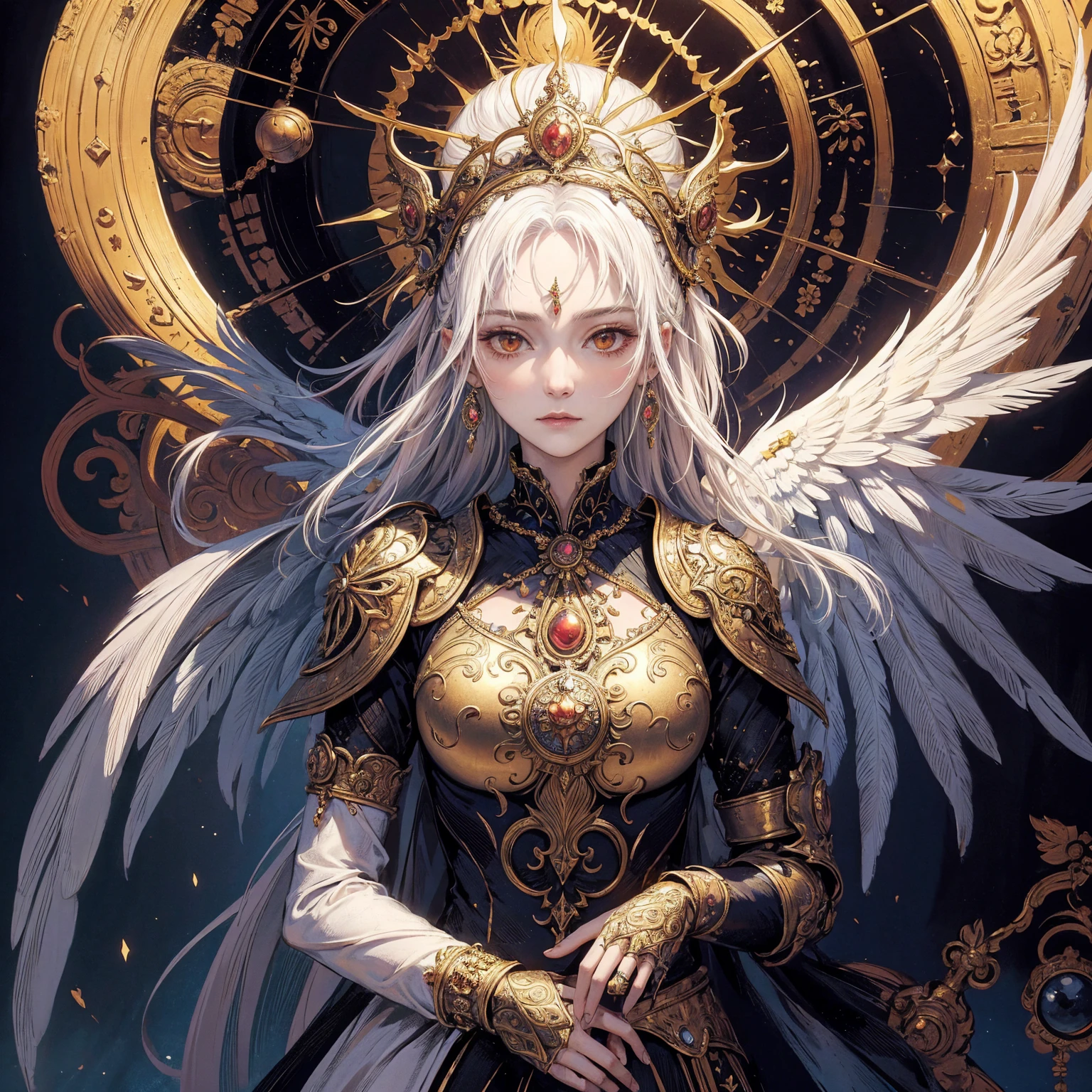 Art of elderly woman wearing sun crown, wearing ornate breastplate that shows a little skin above the chest, two symmetrical angelic wings spread out from the woman's back, ancient goddess art, Sacredness. Very detailed, Mysterious inspiration, Inspiration from the Sun God, Religious inspiration, Cold and snobbish face, No smile, Dangerous impersonal expressions, White hair, Standing, Full body portrait, Gothic art style, Weird art style, Occult art