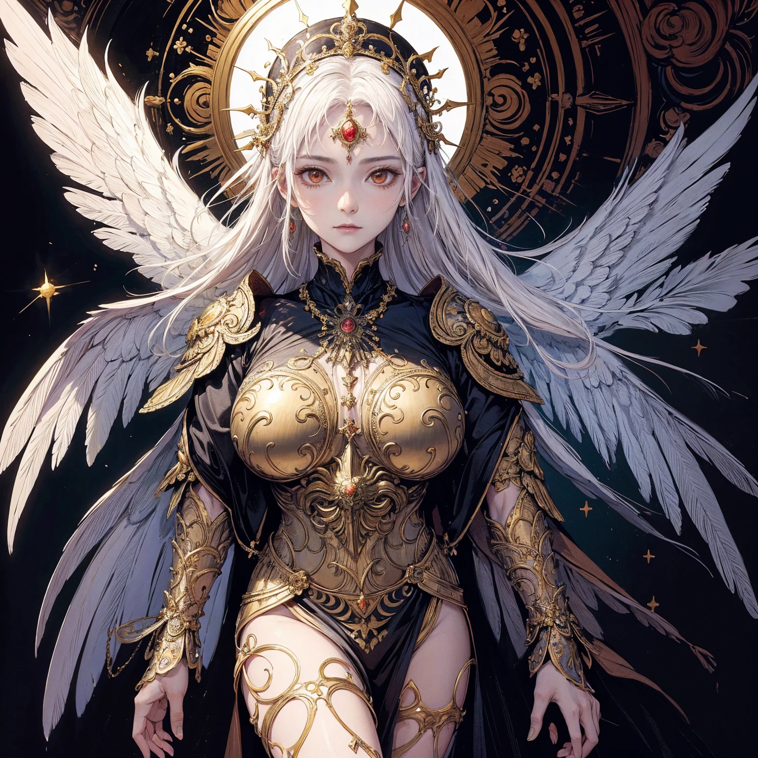 Art of elderly woman wearing sun crown, wearing ornate breastplate that shows a little skin above the chest, two symmetrical angelic wings spread out from the woman's back, ancient goddess art, Sacredness. Very detailed, Mysterious inspiration, Inspiration from the Sun God, Religious inspiration, Cold and snobbish face, No smile, Dangerous impersonal expressions, White hair, Standing, Full body portrait, Gothic art style, Weird art style, Occult art