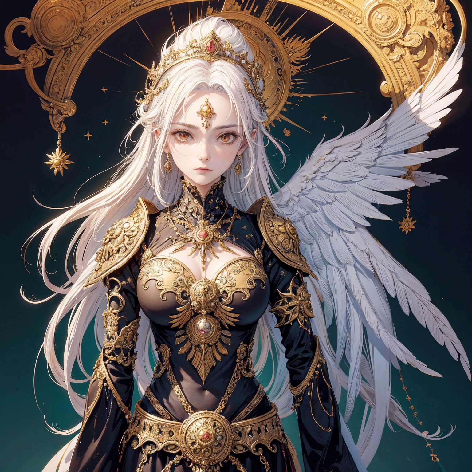 Art of elderly woman wearing sun crown, wearing ornate breastplate that shows a little skin above the chest, two symmetrical angelic wings spread out from the woman's back, ancient goddess art, Sacredness. Very detailed, Mysterious inspiration, Inspiration from the Sun God, Religious inspiration, Cold and snobbish face, No smile, Dangerous impersonal expressions, White hair, Standing, Full body portrait, Gothic art style, Weird art style, Occult art
