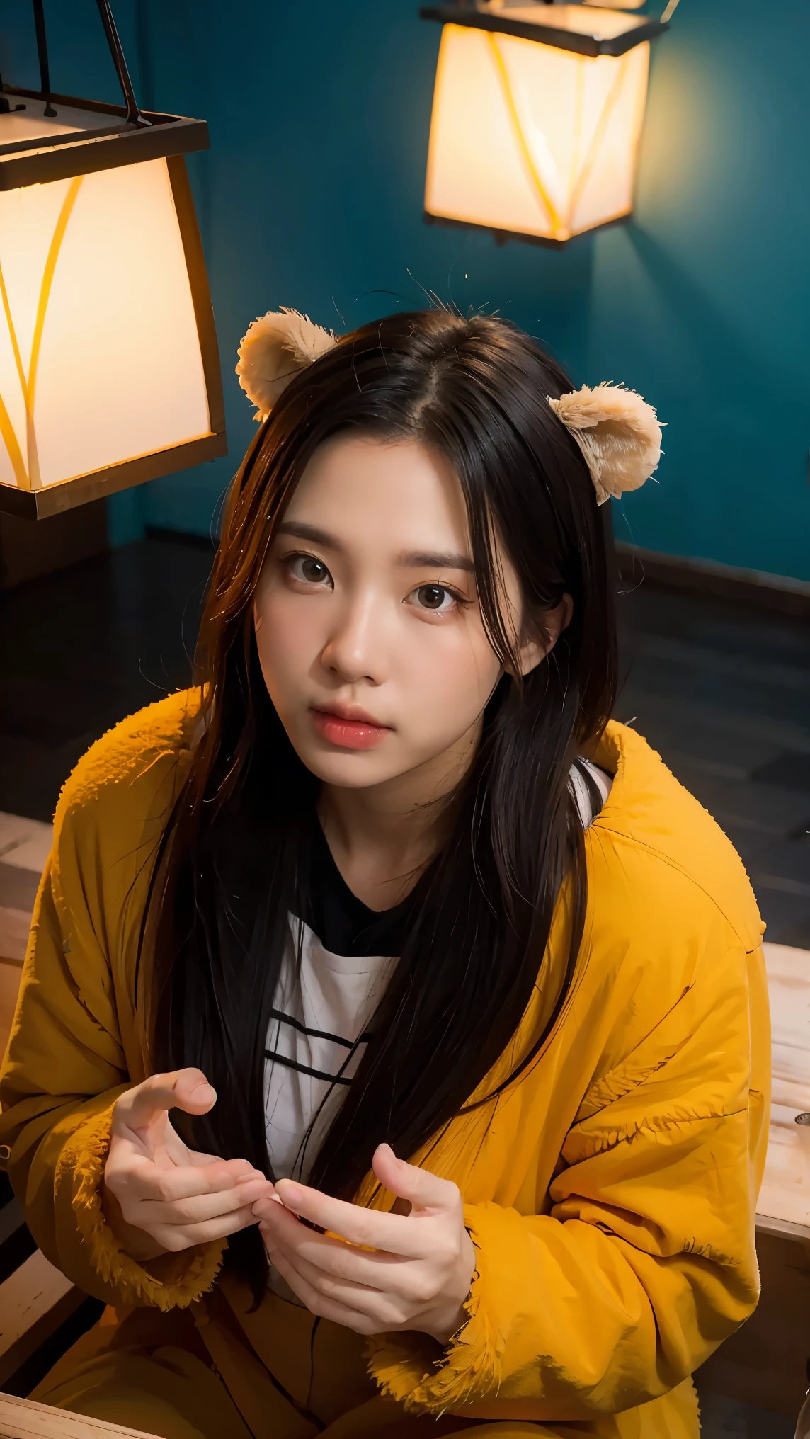 (masterpiece:1.4), (best quality:1.4), extremely detailed, intricate, hyper detailed, (PERFECT FACE), illustration,soft lighting, full_body, 1girl, lonely,  Ao hair, colorful, colorized, from_above ,bear_costume , prison 