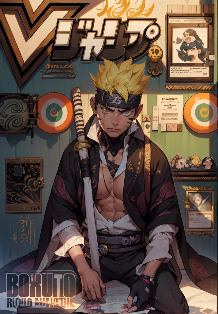 (((1boy))), serious, bandana, ((toned)), male focus, Masterpiece artwork, high qualiy, (Masterpiece artwork:1.2), (best qualityer:1.2), shining skin, realisitic, ornate, intricate, elsword, ((blondie hair)), (hair on face), boruto, chic, looking at the viewer dynamic pose, (shadows cast over the face:1.3), dark bedroom, shadow room, sexly, (sitting), Chinese traditional ink painting