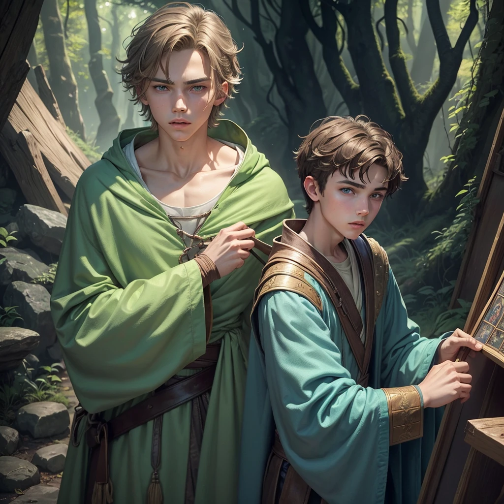 teenage male, human, dry, Triangle shaped face with nose.., Austin Butler lips and cheeks., He has blue and green eyes., upturned medium and light brown hair up., Teagan wears an adventure robe., painting wizard, magic brush., Dark misty forest background. A medieval artwork for RPG