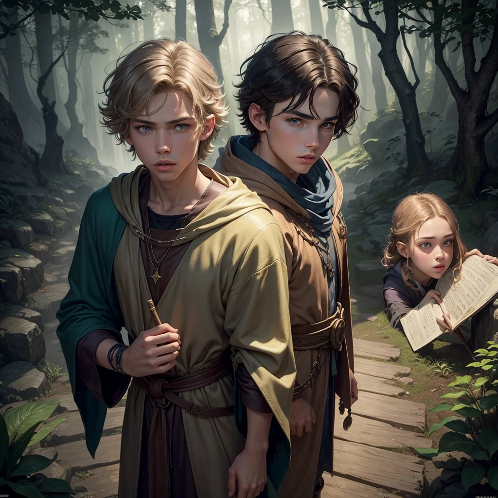 teenage male, human, dry, Triangle shaped face with nose.., Austin Butler lips and cheeks., He has blue and green eyes., upturned medium and light brown hair up., Teagan wears an adventure robe., painting wizard, magic brush., Dark misty forest background. A medieval artwork for RPG