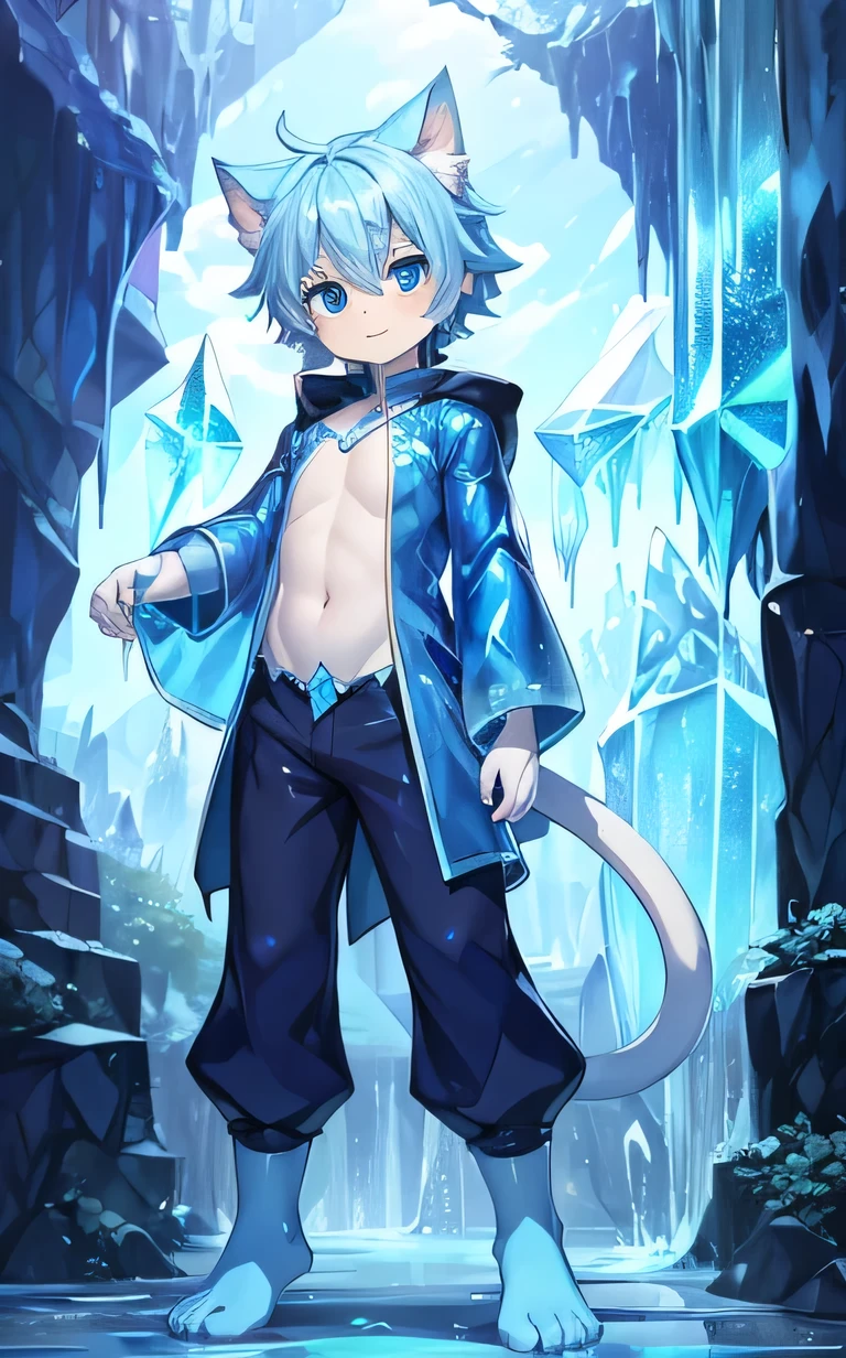 Little male cat,boy,There is a tail,cute,Thin,struggle,Everlasting,Crystallization,Blue pigments,Blue feet,Blue hands,Blue Slime Spreading Feet,Blue Slime Wrap Hand,illumination,freeze,Feet are frozen,charming,boys ,Blue crystal feet,Wear Tight Fit Clothes,Full body portrait,smooth,Full body tight fit,Thin,Light blue gel coat,Gel coat,outdoor,Small pants,Tight Fit,Crystal calf,crystal thighs,Crystal Torso,Crystal Arm,Standing,Blue anime eyes,Thin little boy,Blue Slime Wrap Foot