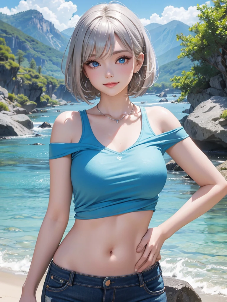 (Highest quality,Super detailed,High resolution,masterpiece,8K),Bright and vibrant colors,Official artwork,Stylish makeup,Silver blonde bob hair,Captivating eyes,Glossy Lips,Off the shoulder、White tank top,Sleeveless,Blue shorts,Cute girl with ample breasts,Beautiful neck line, Earrings、necklace、Captivating smile,Full Body Shot,Bright atmosphere background,Mountain,river,blue sky,flower,