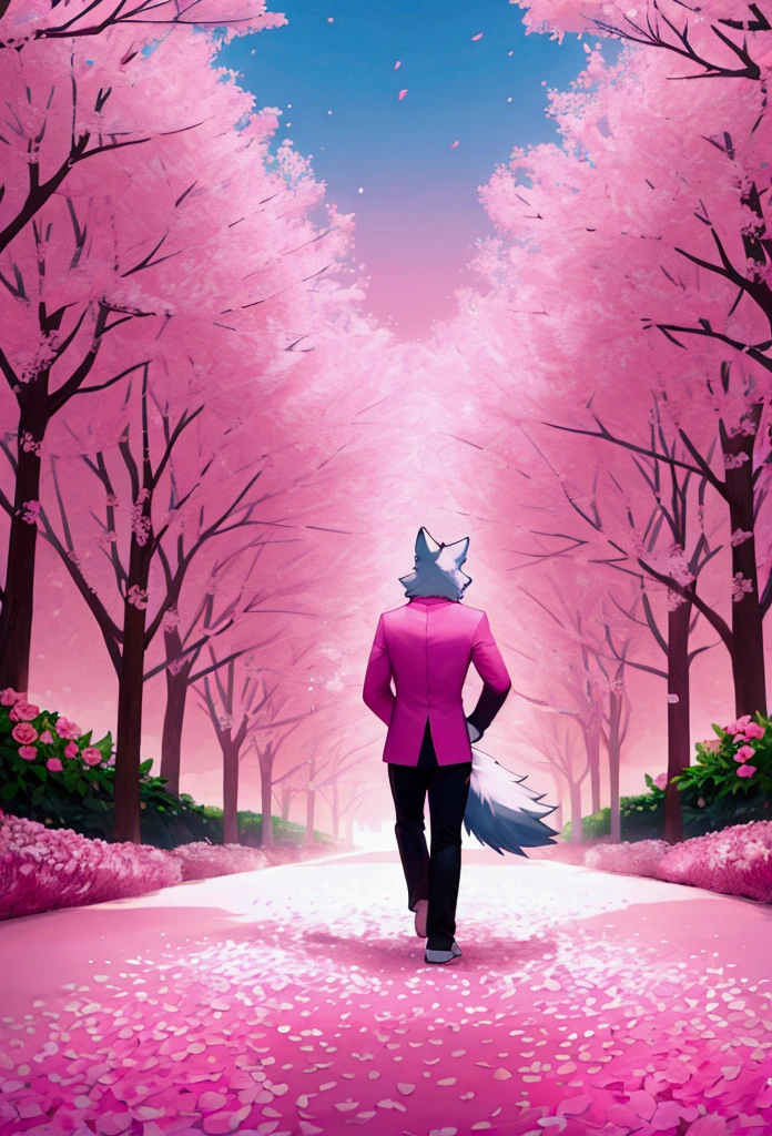 (highest quality, 32K resolution, high resolution, super detailed, realistic, finely drawn details), Unreal Engine 5, Tokyo lighting, romantic motifs, rose creation portal, majestic background, floral environment, beautiful landscape, flower bed on the ground, Aesthetic wallpaper, e-commerce live room background, ultra-realistic rendering, exquisite composition, stunning wallpapers, stunning images, aesthetic wallpaper, red background, red reflection, C4D rendering, top quality, photo raw "Pure white cherry blossoms, pure white background, pink cherry blossoms, bright cherry blossoms, ((1child)), ((wolf)), ((furry)), ((tail)), ((walking forward)), ((pink fur)), black suit, black pants, blue sky