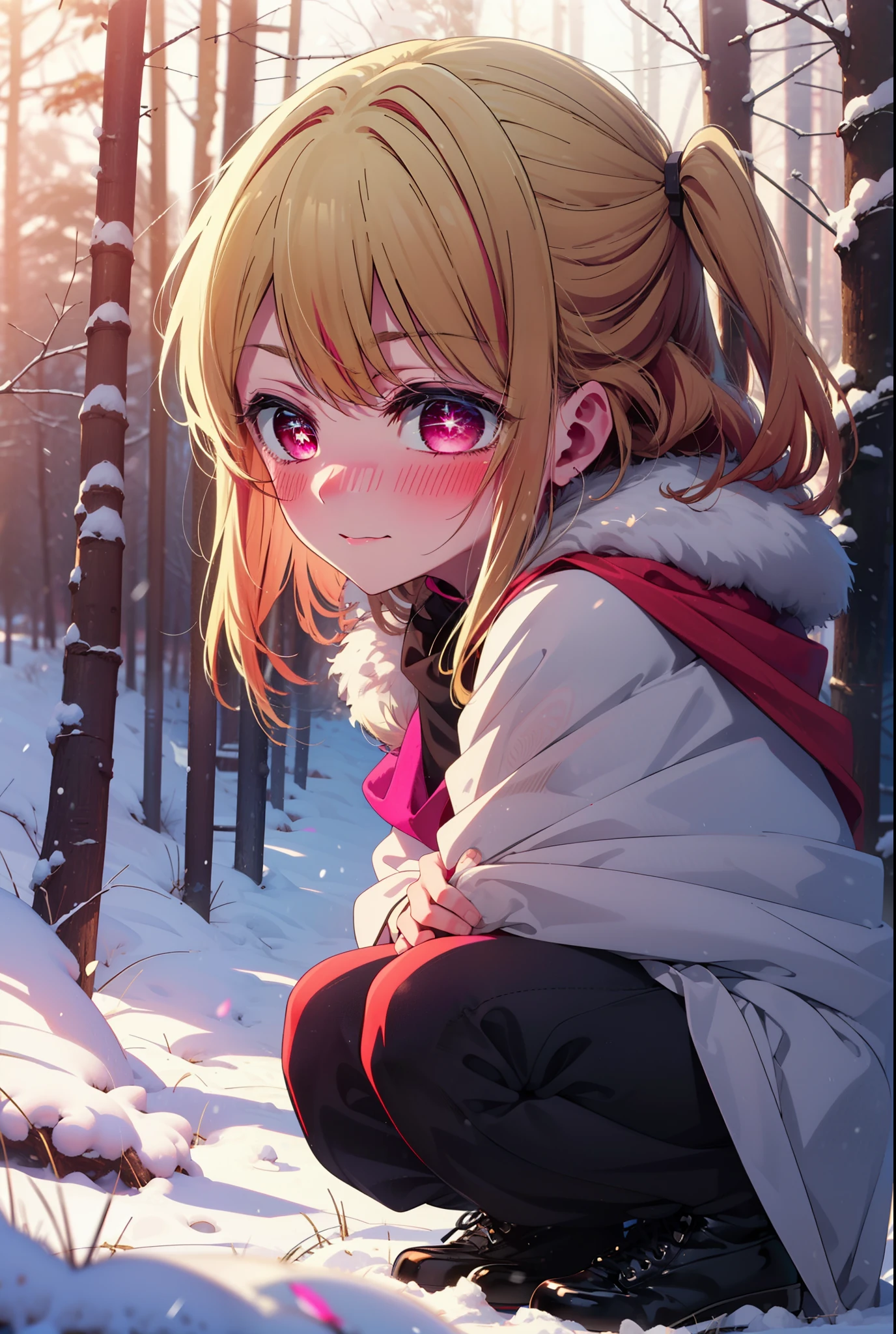 rubyhoshino, Hoshino Ruby, Long Hair, bangs, blonde, (Pink Eyes:1.3), Side Lock, (Symbol-shaped pupil:1.5), Multicolored Hair, Two-tone hair, smile,,smile,blush,white breath,
Open your mouth,snow,Ground bonfire, Outdoor, boots, snowing, From the side, wood, suitcase, Cape, Blurred, , forest, White handbag, nature, Squat, Mouth closed, Cape, winter, Written boundary depth, Black shoes, red Cape break looking at viewer, Upper Body, whole body, break Outdoor, forest, nature, break (masterpiece:1.2), Highest quality, High resolution, unity 8k wallpaper, (shape:0.8), (Beautiful and beautiful eyes:1.6), Highly detailed face, Perfect lighting, Highly detailed CG, (Perfect hands, Perfect Anatomy),