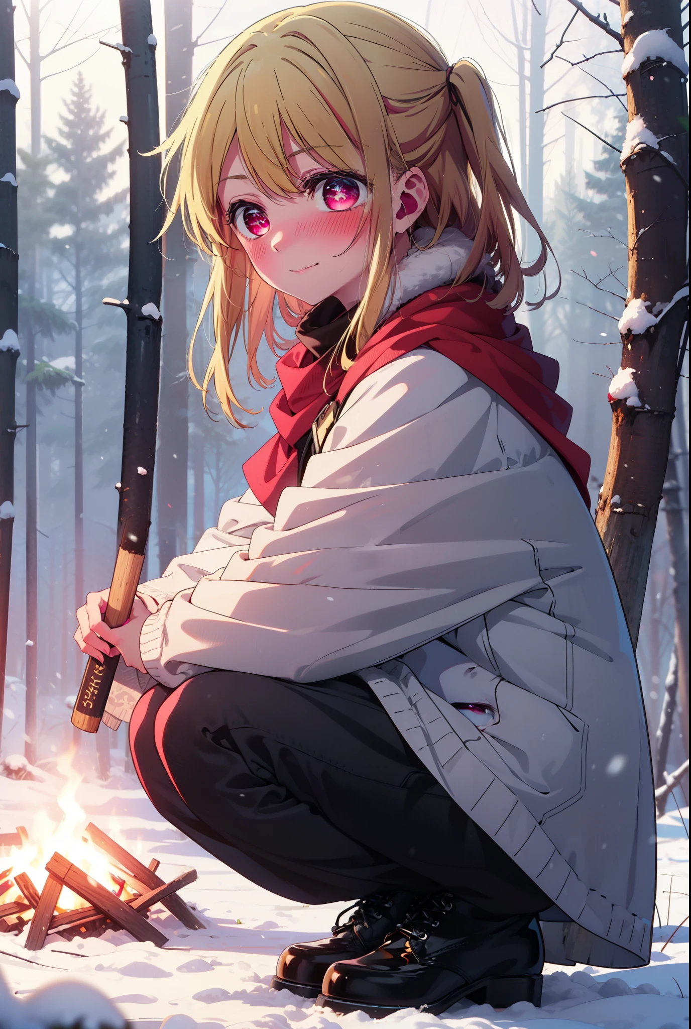 rubyhoshino, Hoshino Ruby, Long Hair, bangs, blonde, (Pink Eyes:1.3), Side Lock, (Symbol-shaped pupil:1.5), Multicolored Hair, Two-tone hair, smile,,smile,blush,white breath,
Open your mouth,snow,Ground bonfire, Outdoor, boots, snowing, From the side, wood, suitcase, Cape, Blurred, , forest, White handbag, nature, Squat, Mouth closed, Cape, winter, Written boundary depth, Black shoes, red Cape break looking at viewer, Upper Body, whole body, break Outdoor, forest, nature, break (masterpiece:1.2), Highest quality, High resolution, unity 8k wallpaper, (shape:0.8), (Beautiful and beautiful eyes:1.6), Highly detailed face, Perfect lighting, Highly detailed CG, (Perfect hands, Perfect Anatomy),