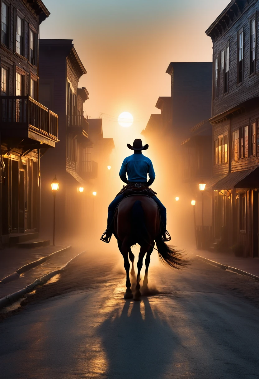 ( perfect anatomy ) a cowboy(Cowboy hat) Silhouette back view of riding horse in denim clothes (Dynamic angle)Sunset over the streets of an old west town (Rich color levels)

                              Wind and sand flow in the air entwining the foggy scene movie lighting volumetric lighting, haze light, Fog lights high dynamic range wide screen cinematic effect bioluminescent style complex artwork large depth of field cinematic processing, Realistic magical fantasy scene highly detailed structure surreal, Digital art, high detail, HD
                    