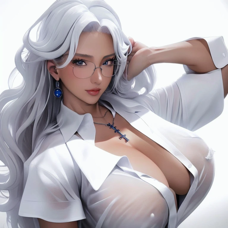 (masterpiece),(best quality),(Ultra-high resolution),(8K resolution),(Practical),(Extremely detailed),(Clear focus),(RAW photos),(((Full and soft breasts,)))(((Huge breasts))) (((Cleavage))) (Perfect curvy figure)
1 Girl,Good Hand,(Long hair),(curls),(Hair covering one eye),Glasses,(Necklace),(Cross necklace),(earrings),(Sapphire eyes),(Almost torn white shirt:1.6),(Aheiyan),(blush:0.5),